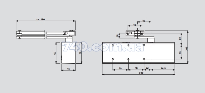Дверной доводчик DORMAKABA TS72 EN 2-4 стандартная тяга с фиксацией (серый) до 80 кг (222321хх + 220030хх) 40-0021745 фото