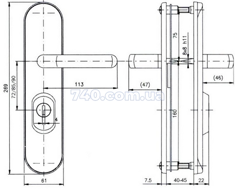 Защитная дверная фурнитура ROSTEX China R1 хром, 72 мм между осевое расстояние 40-0012378 фото