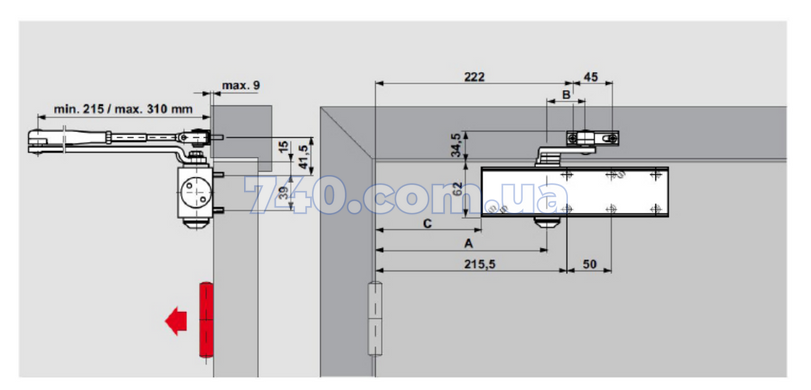 Дверний дотягувач DORMAKABA TS-Profil EN 2/3/4 + Size5 BCA (сріблястий) до 120 кг зі складним важелем 45-649 фото