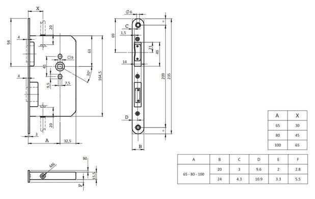 Замок ISEO для пасивної стулки врізний 2D70016524 BS65мм 9x9мм Zinc LEFT 44-10694 фото