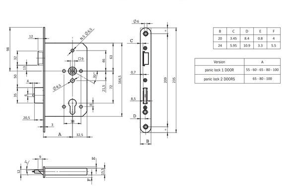 Замок ISEO врезной 2DB1116524.4 1 Locking BS65мм 72мм 9x9мм Zinc Left відкривання назовн, Panic function B 44-10699 фото