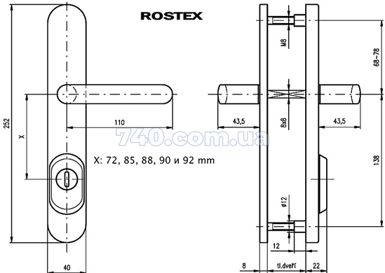 Защитная дверная фурнитура ROSTEX RX R 4 титан, 85 мм между осевое расстояние 40-0020207 фото