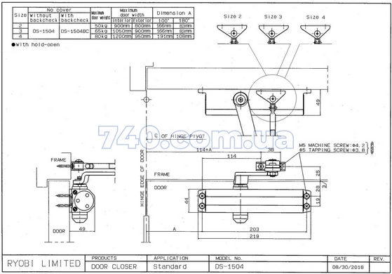 Доводчик RYOBI *1500 DS-1554 DARK_BRONZE STD_HO_ARM EN_2/3/4 до_80кг 1100мм 40-0003919 фото