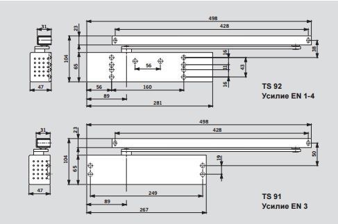 Дверний дотягувач DORMAKABA TS92 B (y=2) або G (y=3), EN 1-4 (сріблястий) до 80 кг 44-9197 фото