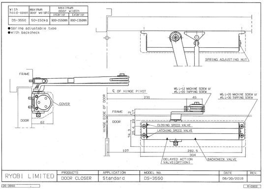Доводчик накладной RYOBI 3550 DS-3550P SILVER BC/DA PRL_HO_ARM EN_2-5 до_100кг 1250мм 40-0002934 фото