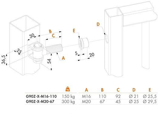 90&deg; - Петля приварная антивандальная для раздвижных ворот и калиток G90Z(длина 67 мм; М20) 50-369 фото